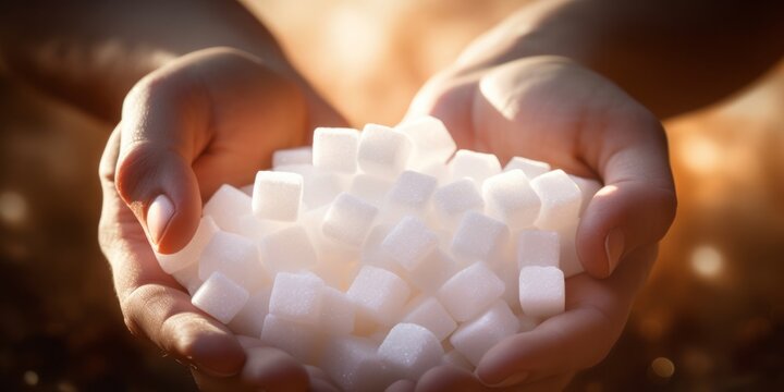 Balancing Act: Delicate Hands Grasping White Sugar Cubes, Amid Diabetic Concerns and Sweet Temptations - Powered by Adobe
