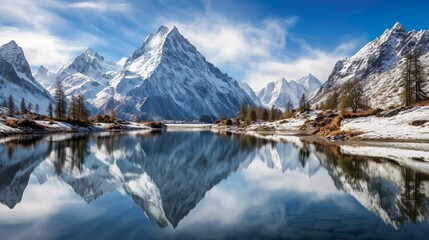 Fototapeta premium AI generated illustration of a winter landscape features snow-covered mountains
