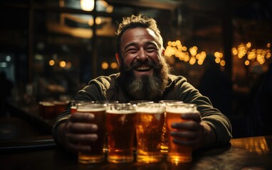 A bearded man drinking beer holding a glass of fresh beverage
