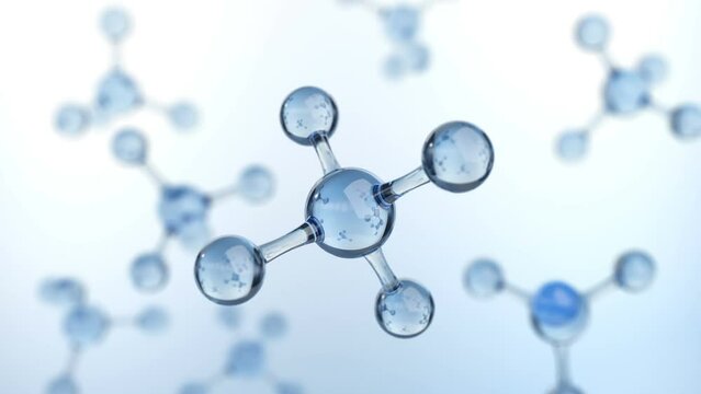 Model of a glass methane molecule. Abstract molecular shape, animation loop