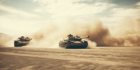 Rapid Pursuit in the Desert: A Military Tank Charges Through a Sandy Road Amidst Sandstorms in a Middle Eastern Conflict Zone