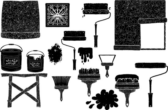 Repair tools, brushes, rollers, paints, tiles, wallpaper, sawhorse. Graphics, linocut. Vector set of black elements.