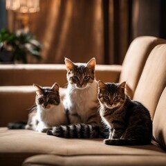 three cats sitting on a couch next to each other next to a plant