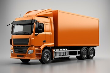 Contemporary cargo truck with three axles, no trailer, orange, side view, 3D render on gray background with shadow. Generative AI