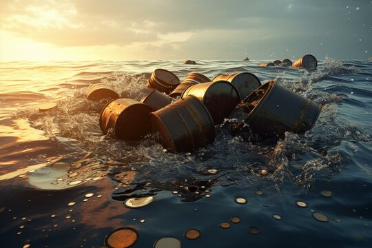 Oil barrels sinking into ocean, spilling contents; 3D visualization. Generative AI