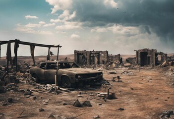 AI generated illustration of a derelict car in a ruined town