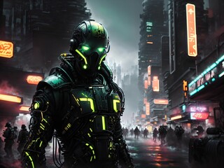AI generated illustration of a robotic figure with green glowing eyes in an urban city at night