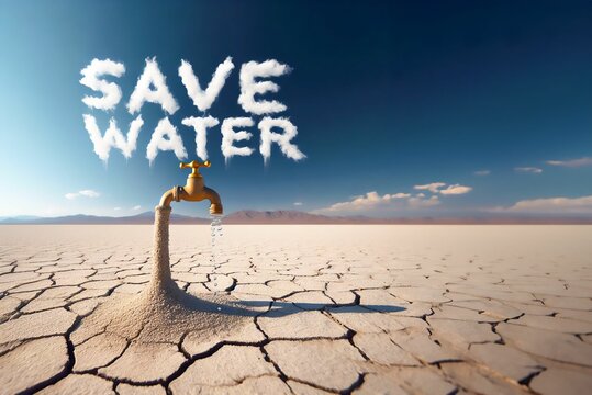 AI-generated illustration of a metal faucet in the middle of desert spouting water from the opening