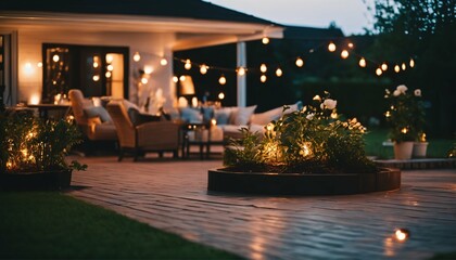Beautiful suburban house patio in summer evening with garden lights - obrazy, fototapety, plakaty