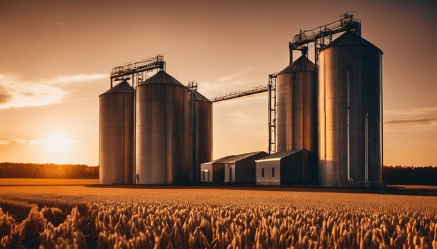Agricultural silos for storage and drying of grains amidst beautiful sunset over wheat field in autumn