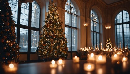 Winter garden decor: Large windows adorned with Christmas tree branches and candles