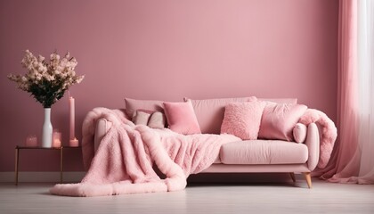 Pink-toned living room: Soft sofa adorned with fluffy blanket and pillows