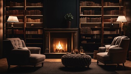 Fototapeta premium Comfortable fireplace room: Warm fire, bookshelves, and cozy armchairs