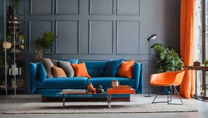 Modern living room interior: Bright multicolored, blue sofa, and orange armchair