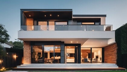 Contemporary two-story house: Features angular roof and balcony - obrazy, fototapety, plakaty