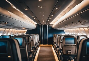 AI generated illustration of An interior view of a modern commercial airplane cabin