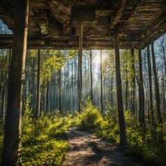 AI generated illustration of a pathway through a wooded area, with a wooden bridge arching overhead