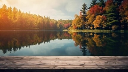 Scenic panoramic view of a tranquil lake surrounded by an array of colorful autumn foliage trees