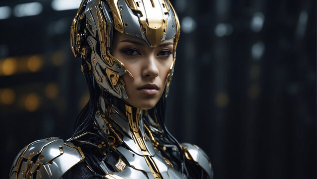Pretty girl in futuristic silver and gold cyber body suit. Humanoid female android in metallic armored suit on dark background with copy space