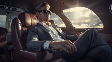 handsome businessman flying on his private jet. concept of a successful businessman - obrazy, fototapety, plakaty