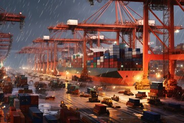 cargo containers in a busy harbor with tall cranes. Generative AI