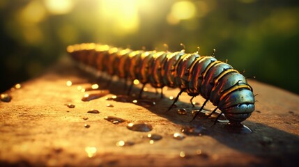 an image that symbolizes the idea of "Transformation" as a caterpillar turns into a butterfly in a single frame.