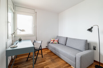 Home workplace and comfortable grey sofa in light room