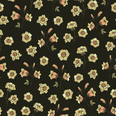 Vintage floral seamless pattern. Blooming dark flowers, Victorian wildflowers with moth - 664631110