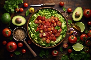 Aerial shot of preparing nutritious salad with avocado and tomatoes. Generative AI