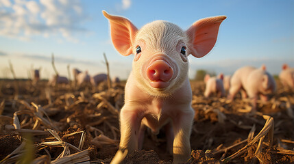 little cute pig on a farm.