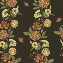 Vintage floral seamless pattern. Blooming dark flowers, Victorian wildflowers with moth - 664631343