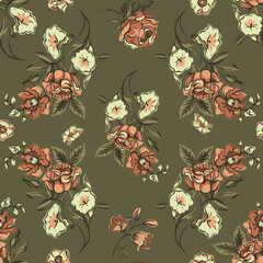 Vintage floral seamless pattern. Blooming dark flowers, Victorian wildflowers with moth