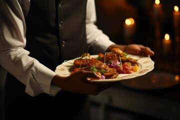 Steady Waiter hands pick restaurant food. Serve pick. Generate Ai