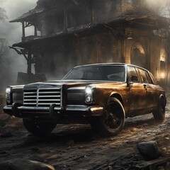 AI generated illustration of a vintage vehicle in front of a dilapidated rural residence