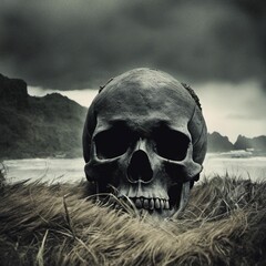 AI generated illustration of a human skull atop the grassy shoreline, overlooking the vast ocean