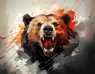 AI generated illustration of a roaring grizzly bear - obrazy, fototapety, plakaty