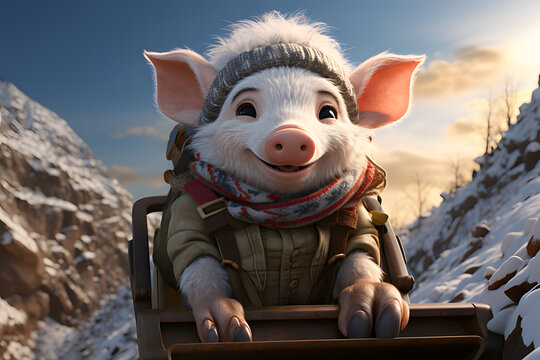 cute pig on sleg with mountains in background
