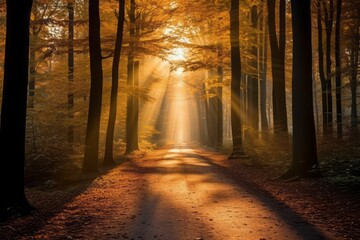 AI generated illustration of a dirt road in a wooded area, illuminated by the sun's rays
