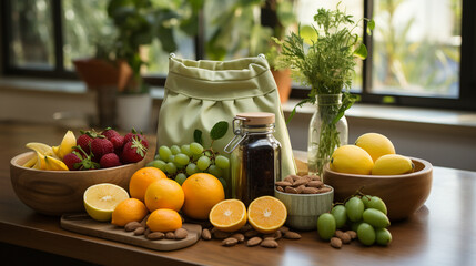fresh fruits and vegetables in a jars on a wooden table. healthy food