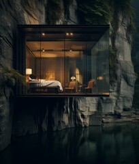 AI generated illustration of A modern bedroom with a view of a river below, on a mountain cliff