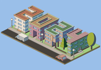 Illustration of isometric city landscape with numbers 2024 made from building roofs. Vector illustration.
