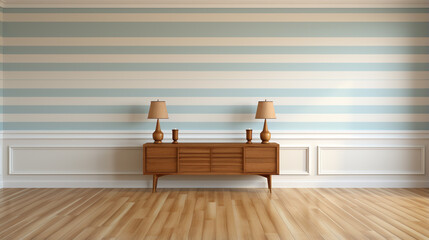 empty room with striped wall and floor lamp,