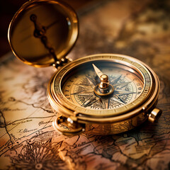 Close-up of an old style compass resting on a map