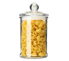 Glass jar filled with dry pipe rigate pasta isolated on white