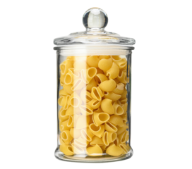 Glass jar filled with dry pipe rigate pasta isolated on white