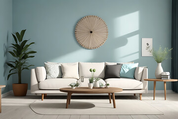 a white sofa and a turquoise wall are next to a rustic circular coffee table. Modern living room interior design in a Scandinavian home, generative ai