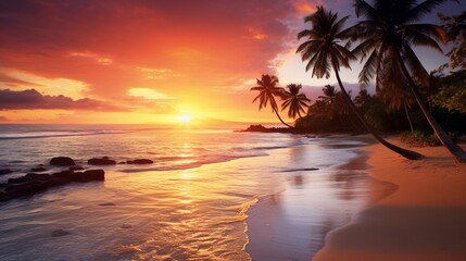 Fototapeta na wymiar Capture the serene beauty of a secluded tropical beach at sunrise, with palm trees swaying in the gentle breeze and crystal-clear waters glistening under the golden sun.