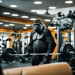 Gorilla working out at the gym, AI-generated. - obrazy, fototapety, plakaty