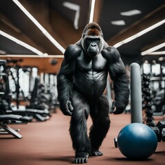 Fototapeta na wymiar Gorilla working out at the gym, AI-generated.