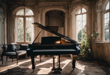 Glossy black grand piano situated on a smooth wooden floor in a classic room, AI-generated. - obrazy, fototapety, plakaty